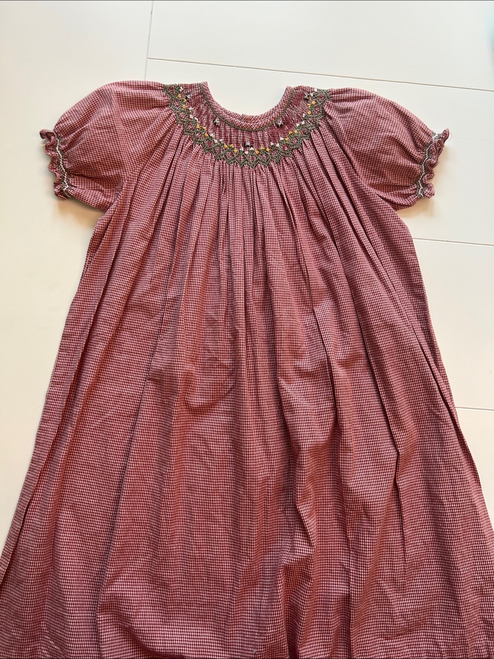Embroidered Smocked Girls' Casual bumble bee Dress in Dusty Rose Gingham